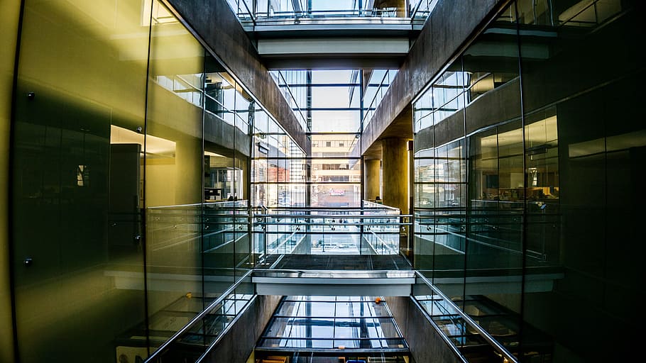 indoors, glass items, modern, window, inside, shapes, reflection HD wallpaper