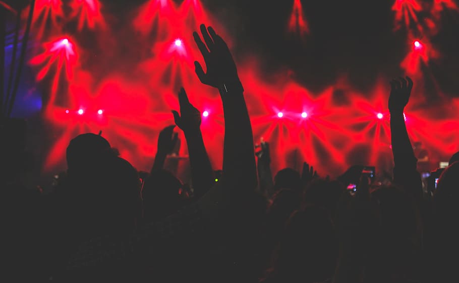 silhoutte of person's on party, colors, people, concert, hand, HD wallpaper
