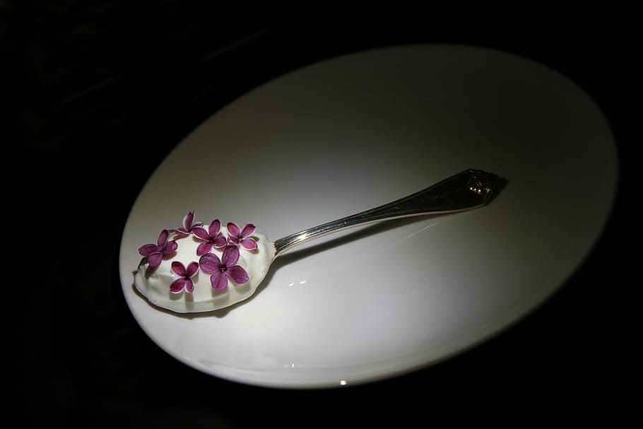 white cream on spoon in plate, teaspoon, white plate, yogurt HD wallpaper