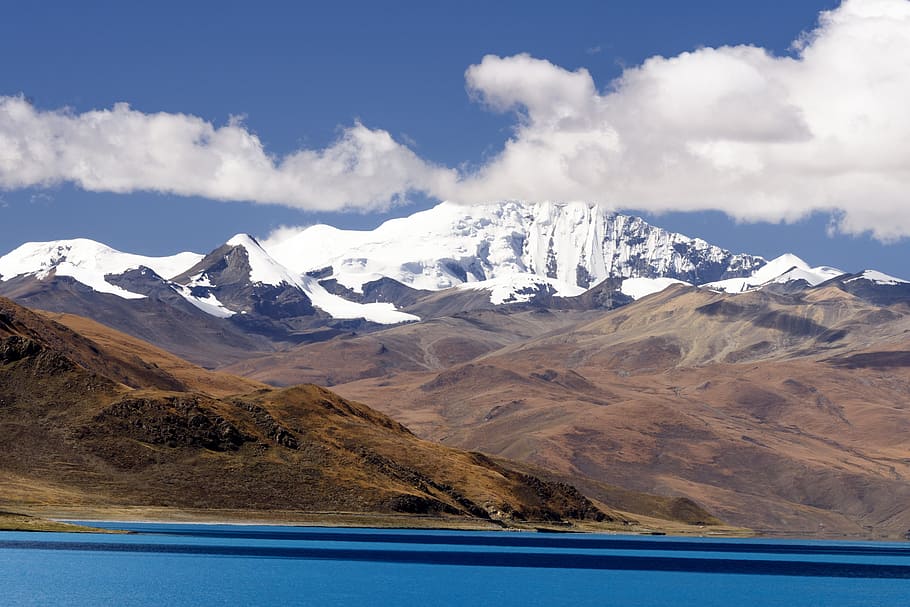snow, mountain, blue, cloud, lake, landscape, travel, peak HD wallpaper