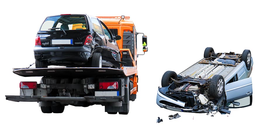 HD wallpaper: gray wrecked car and black 3-door hatchback on truck, transport - Wallpaper Flare
