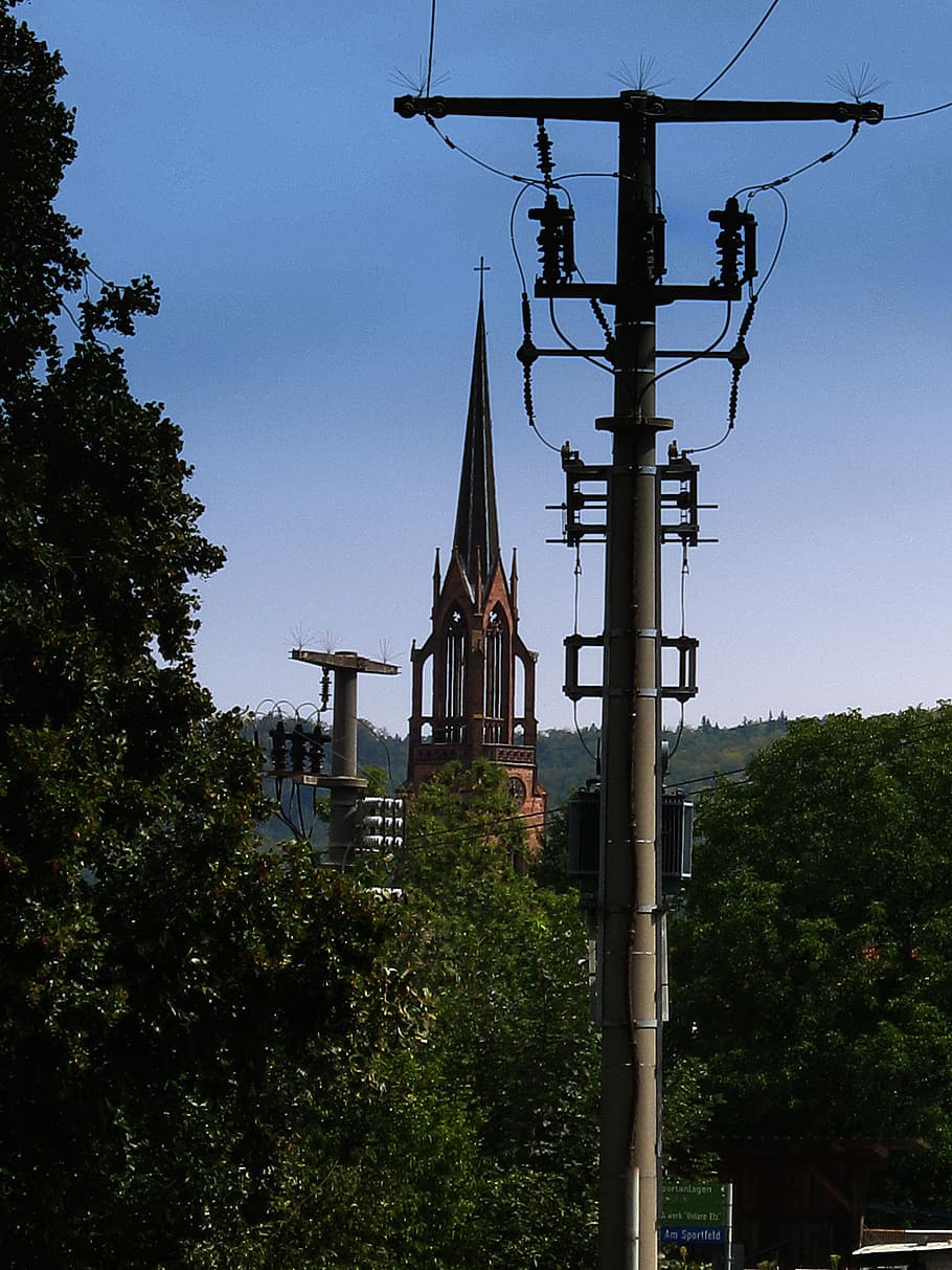 steeple, village, strommast, current, energy, trees, sky, built structure HD wallpaper
