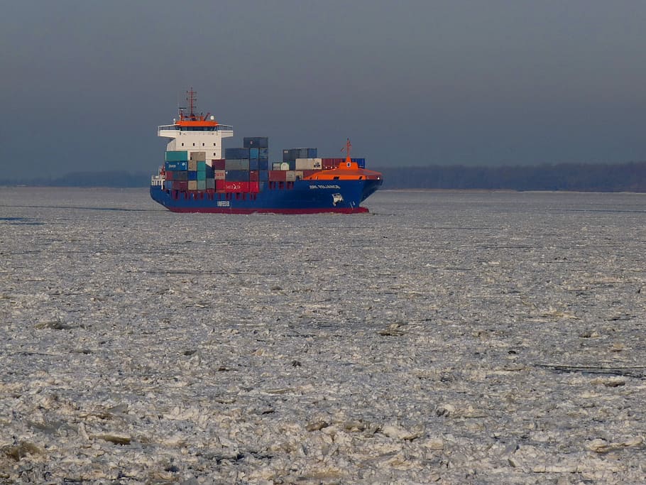 Ice Floe, Container, Maritime, Elbe, river, after hamburg, port, HD wallpaper