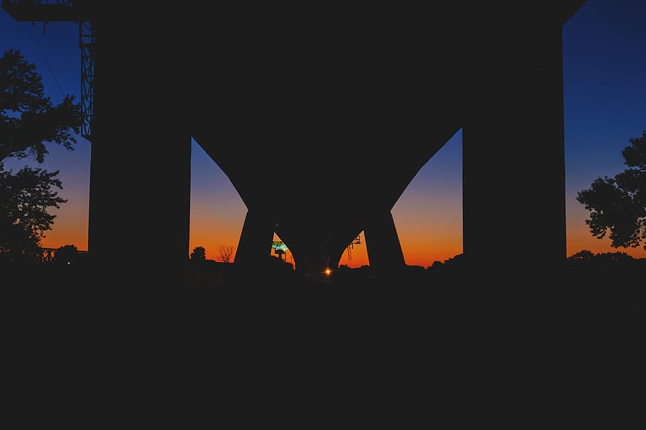 architecture, silhouette, infrastructure, bridge, trees, sunset HD wallpaper