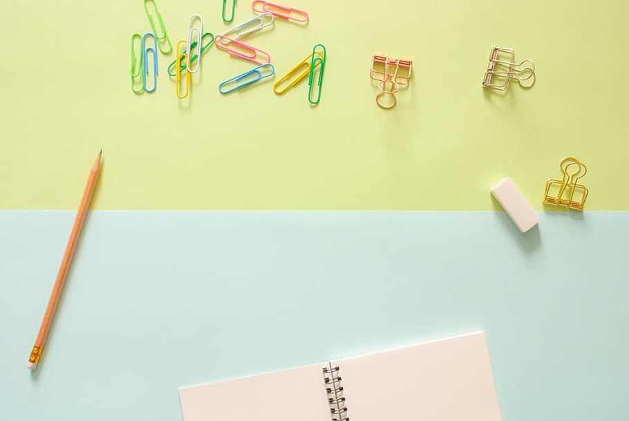 notebook, pencil, eraser, background, clips, stationery, top view HD wallpaper