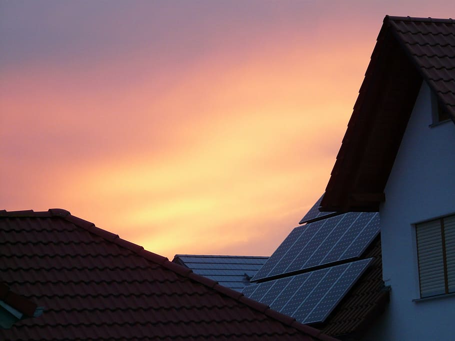 solar panels on roof, gable, solar cells, home, sunset, afterglow