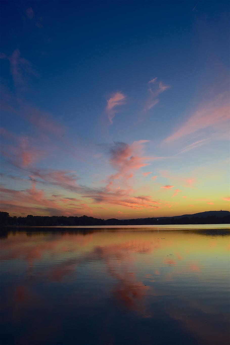 sunset, lake, clouds, pink, sky, blue, nature, summer, landscape HD wallpaper