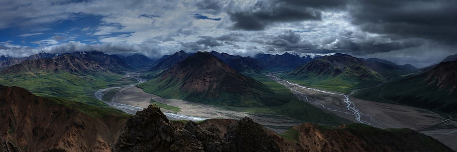 brown mountains digital poster, landscape, wilderness, panorama, HD wallpaper