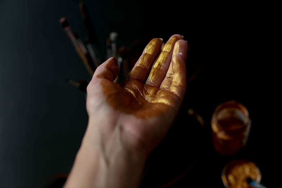 person's left palm, person showing left hand, paint, gold, arm HD wallpaper