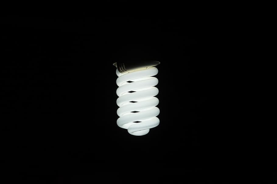 turned on light bulb, white spiral light bulb, fluorescent lamp HD wallpaper