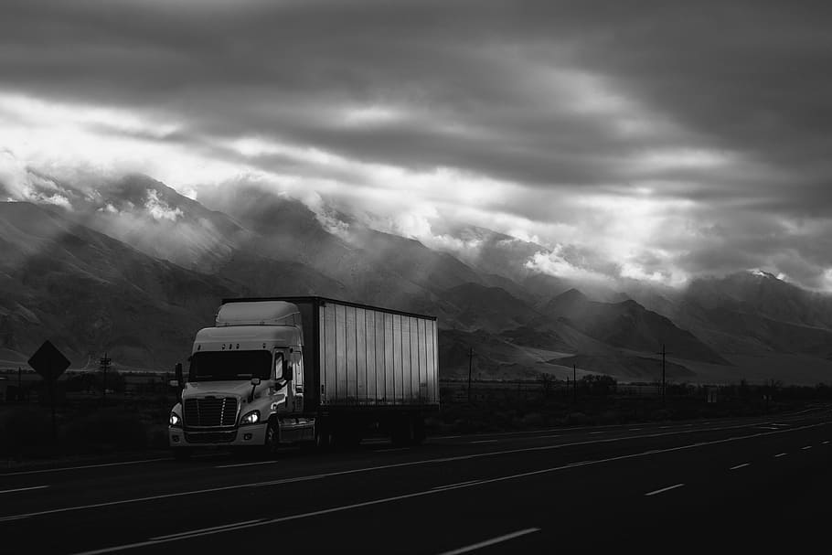 grayscale photo of freight with trailer during daytime, photography HD wallpaper