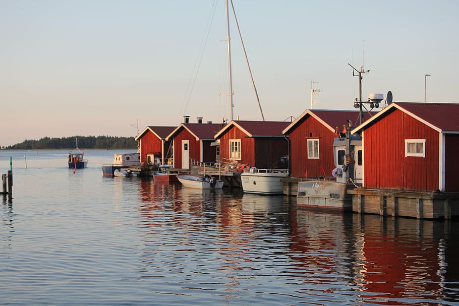 house, sweden, vänern, water, lake, mirroring, sky blue, boats, HD wallpaper