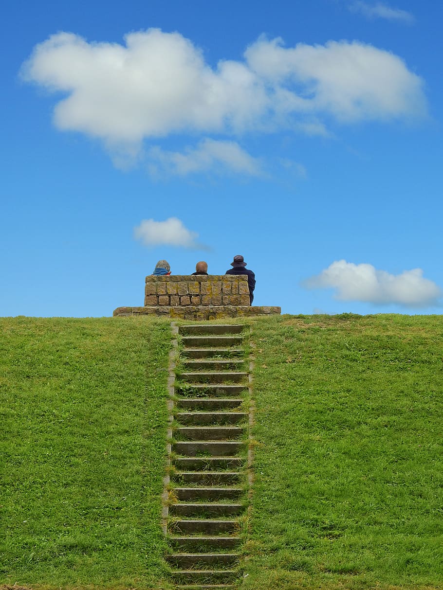 stairs, grass, clouds, dike, viewpoint, nature, flood protection HD wallpaper