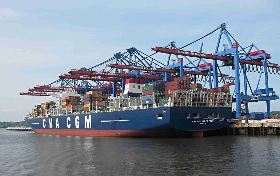 container, marco polo, freighter, burchardkai, terminal, cargo, HD wallpaper