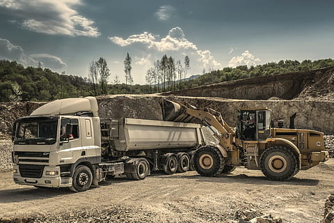 Front Load Loader Beside White Dump Truck, drive, driver, engine HD wallpaper