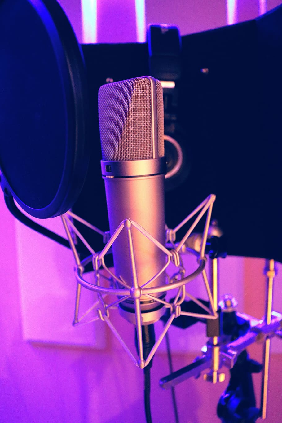 closeup photo of silver condenser microphone with pop filter, HD wallpaper