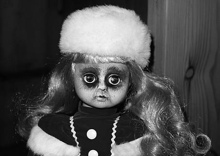 grayscale of doll, face, horror, head, eyes, mystical, creepy HD wallpaper