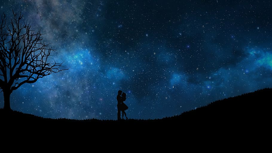 silhouette of man and woman under the starry night, romance, love