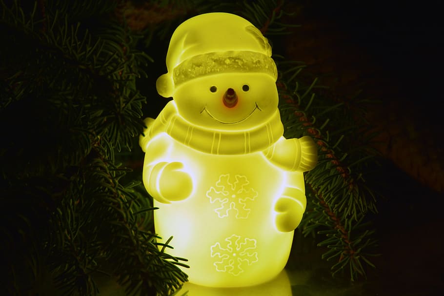 snow man, yellow, decoration, christmas, light, human representation, HD wallpaper