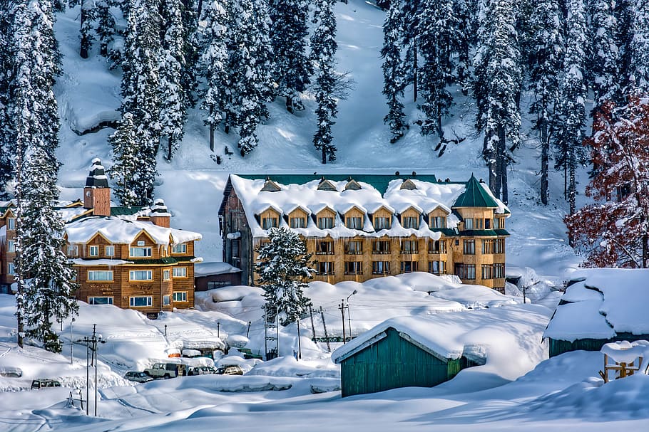 snow-covered building near trees, landscape, view, himalayas, HD wallpaper