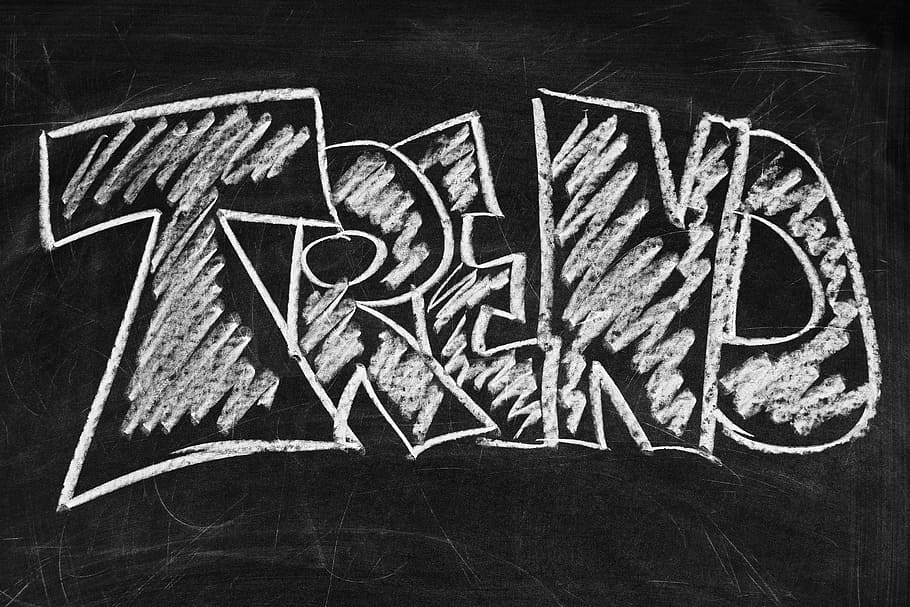 black chalkboard with Trend text, blackboard, direction, development HD wallpaper