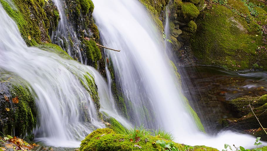 waterfall, river, rocks, nature, silk effect, throat, vegetation HD wallpaper