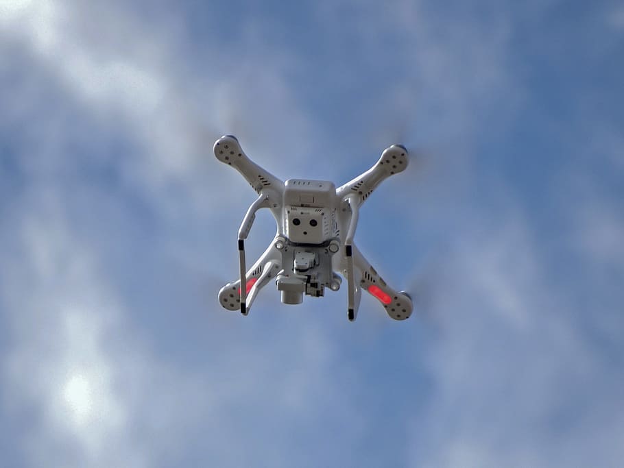 Drone, Clouds, Blue Sky, flying, mid-air, technology, helicopter HD wallpaper