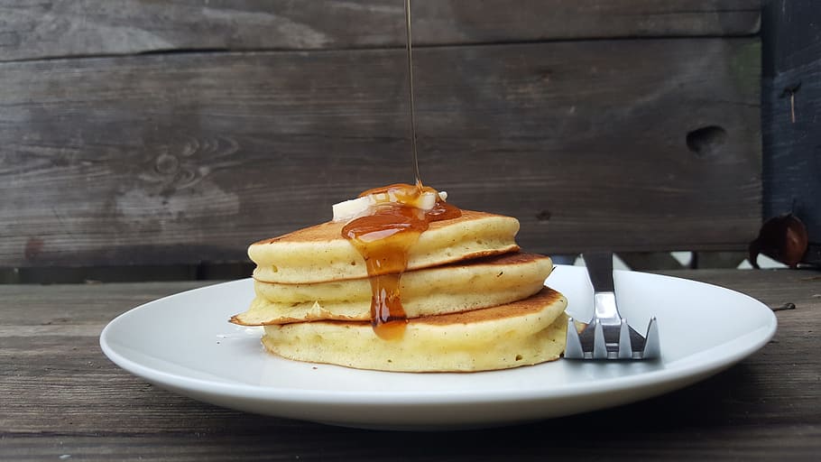 three slices of pancakes with syrup, Breakfast, Pancake, Syrup HD wallpaper