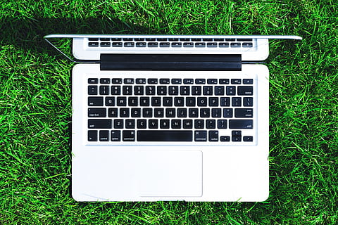 Overhead view of laptop computer in grass, technology, computer Keyboard HD wallpaper