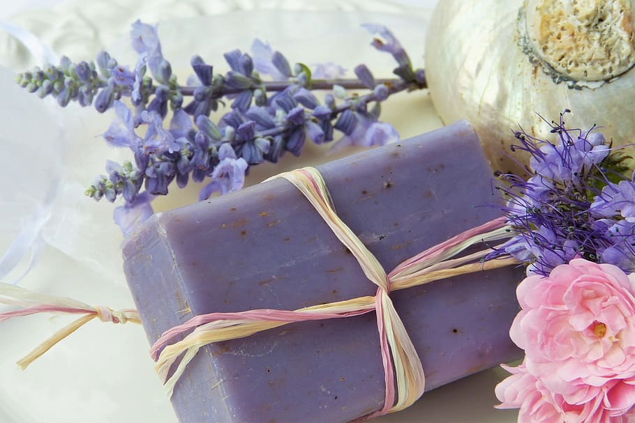 purple soap bar with flowers, lavender, rose, shell, violet, nature
