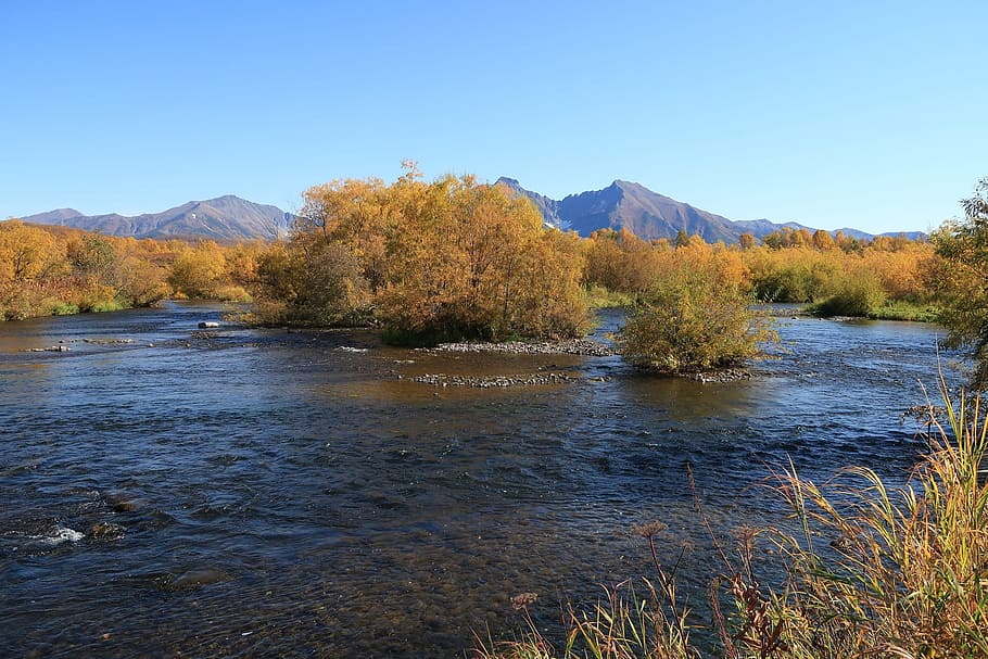 autumn, river, mountains, forest, fall colors, duct, island HD wallpaper