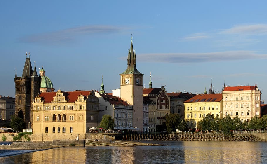 prague, vltava, towers, buildings, architecture, built structure, HD wallpaper