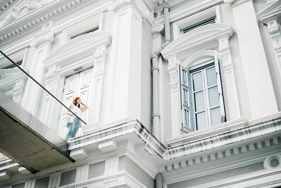 woman in blue jeans standing by the terrace, architecture, building Exterior HD wallpaper