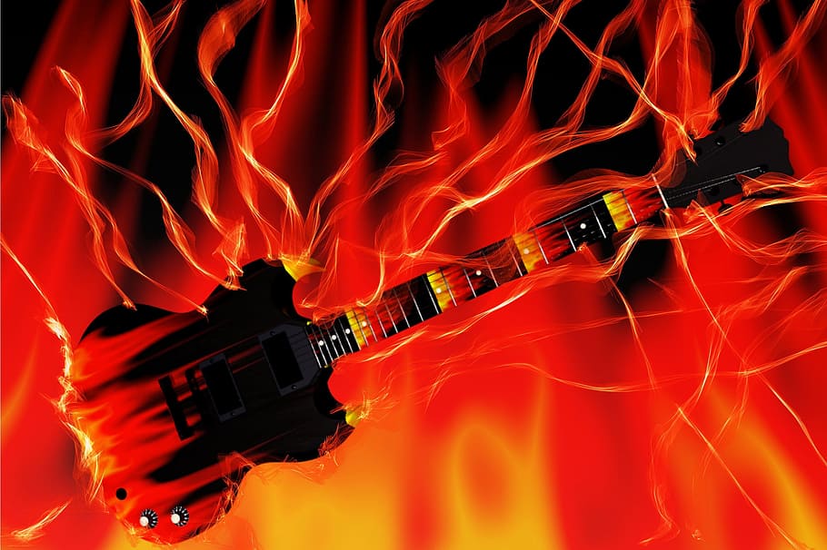 Guitar, Fire, Flame, Log, flame log fire, burn, fireplace, background
