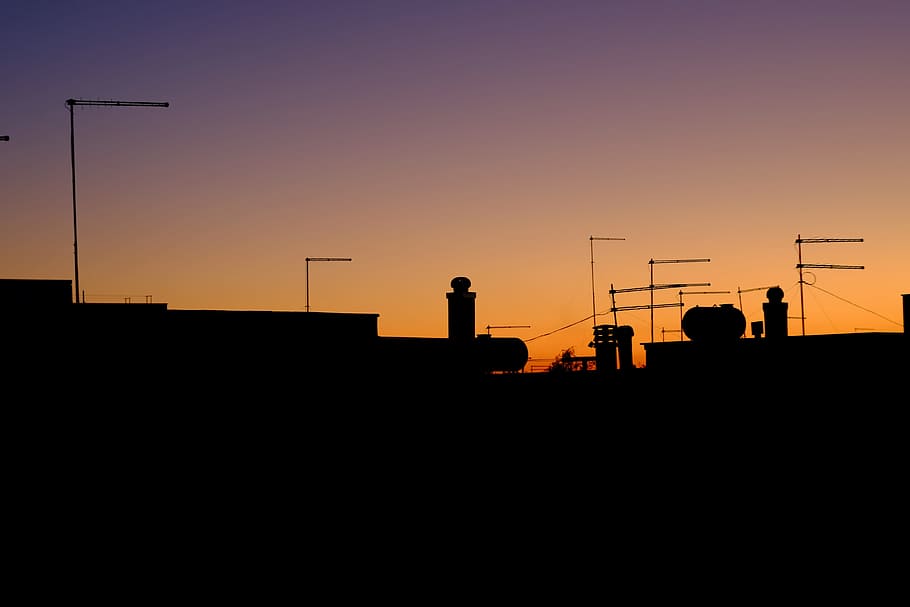 sunset, antennas, orange, silhouette, sky, built structure HD wallpaper