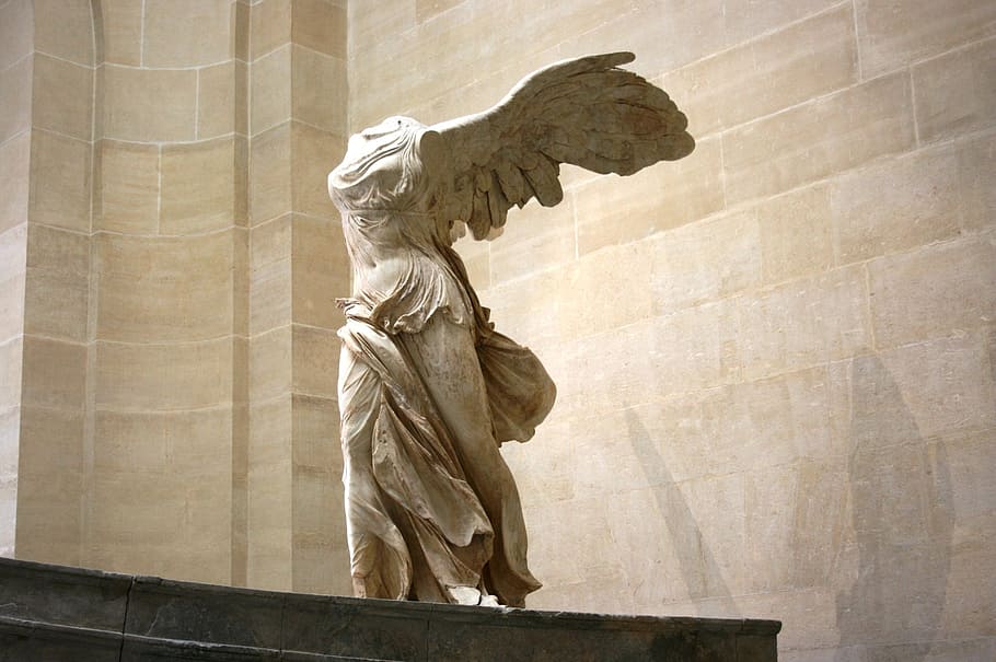 angel statue, samothrace, greek sculpture, marble, louvre, museum