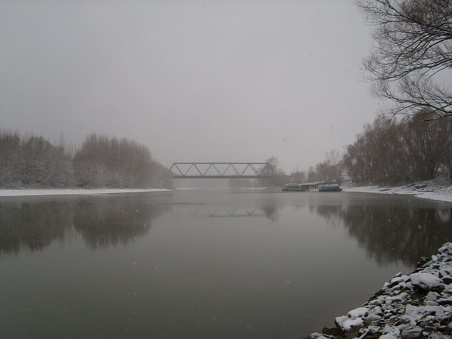 bridge, winter, snow, river, backwater, slovakia, snowy, ice HD wallpaper