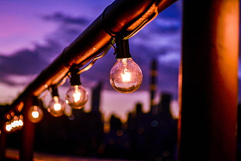 incandescent bulbs hanging on red steel frame, closeup photography of lighted string bulbs HD wallpaper