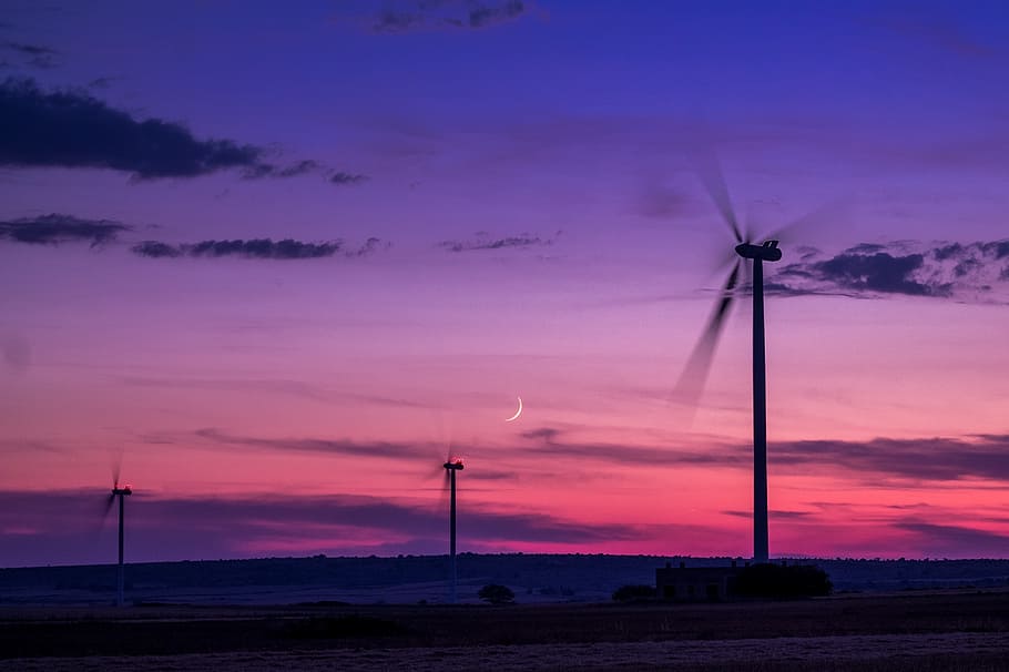 silhouette of windmills, wind farm, sunset, wind blade, wind turbines HD wallpaper