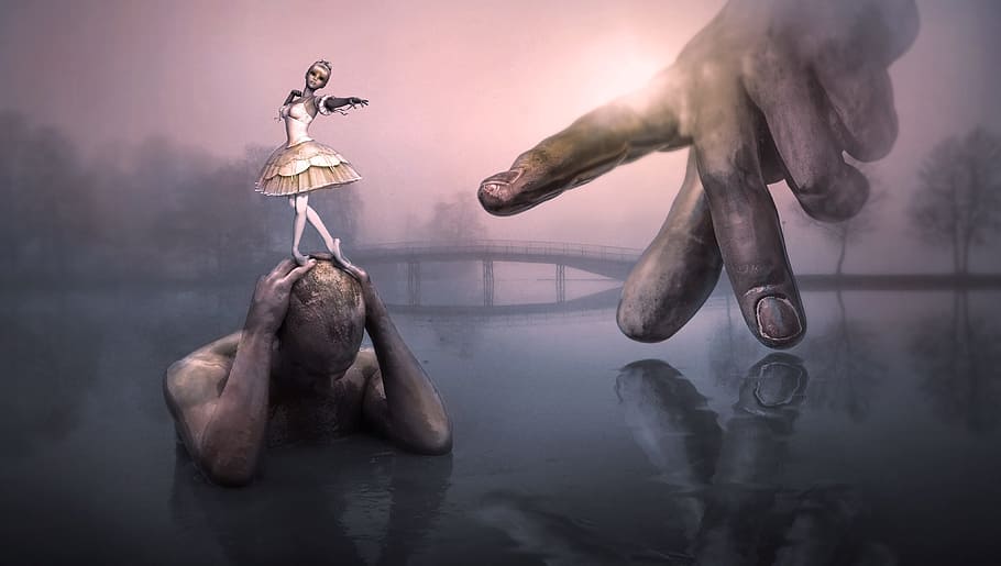 ballet dancer on top of persons head artwork, fantasy, surreal