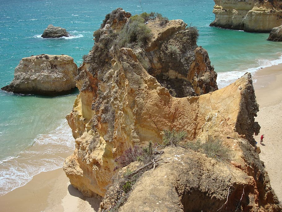 portugal, algarve, sea, rocks, coast, beach, rock formation, HD wallpaper