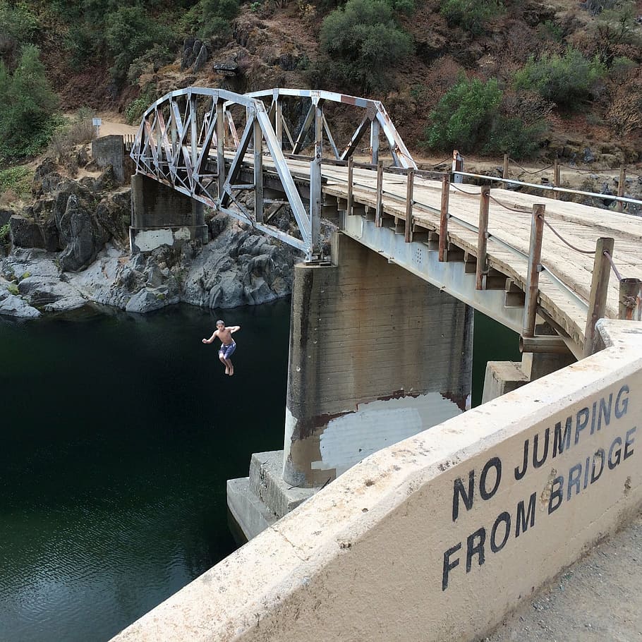 bridge, jumping, rule breaking, water, connection, built structure HD wallpaper