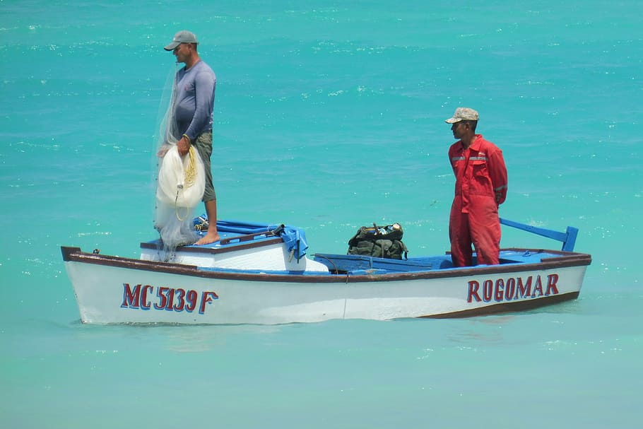 two men in boat, boot, fischer, fish, sea, water, fishing boat HD wallpaper