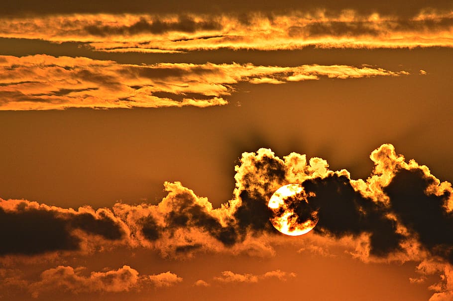 sunset, nightfall, red, dusk, sky, in the evening, mood, orange HD wallpaper
