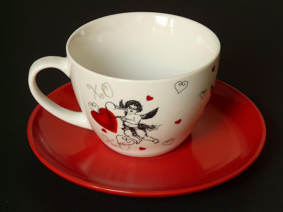 white and black cherub printed ceramic cup with red saucer HD wallpaper