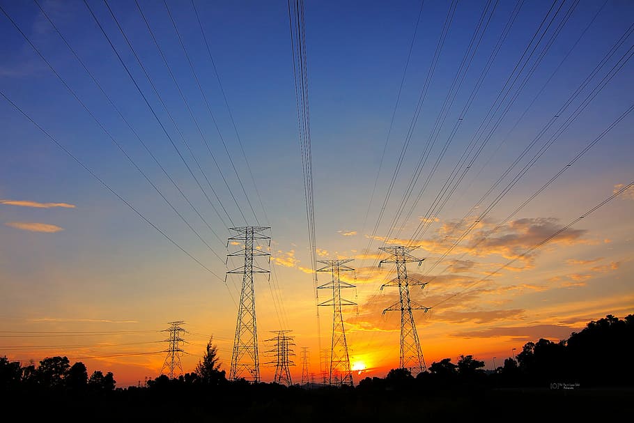silhouette photo of trees, transmission, line, clouds, sky HD wallpaper