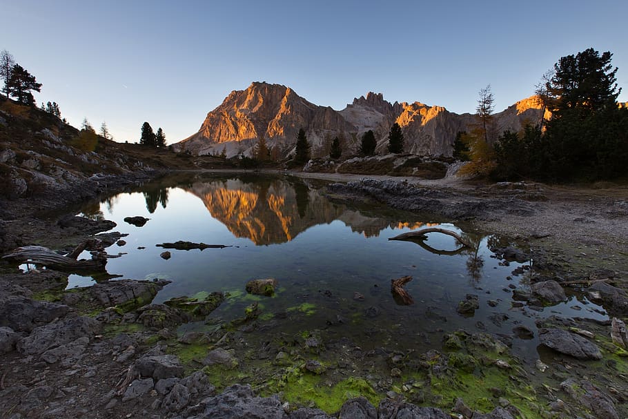pond, puddle, water, reflection, mountains, landscape, morning HD wallpaper