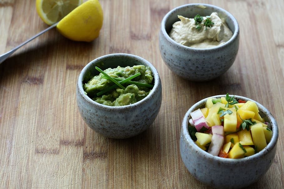three grey ceramic bowls with fruits, mango, salsa, guacamole HD wallpaper