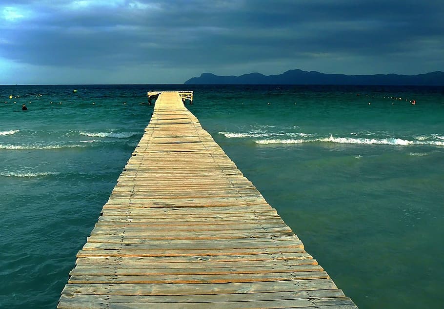 brown wooden dock over body of water during daytime, gray, clouds, HD wallpaper