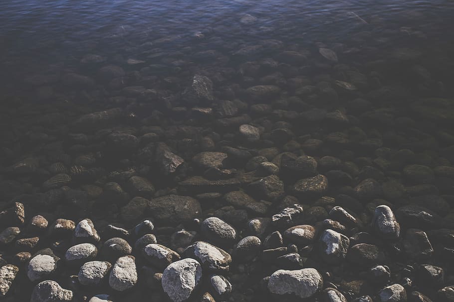gray pebbles near river during daytime, selective focus photography of stones near body of water HD wallpaper